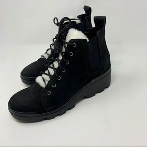 Eileen Fisher Black Calm Genuine Shearling Trim Ankle Boots Shoes Women 8 1/2